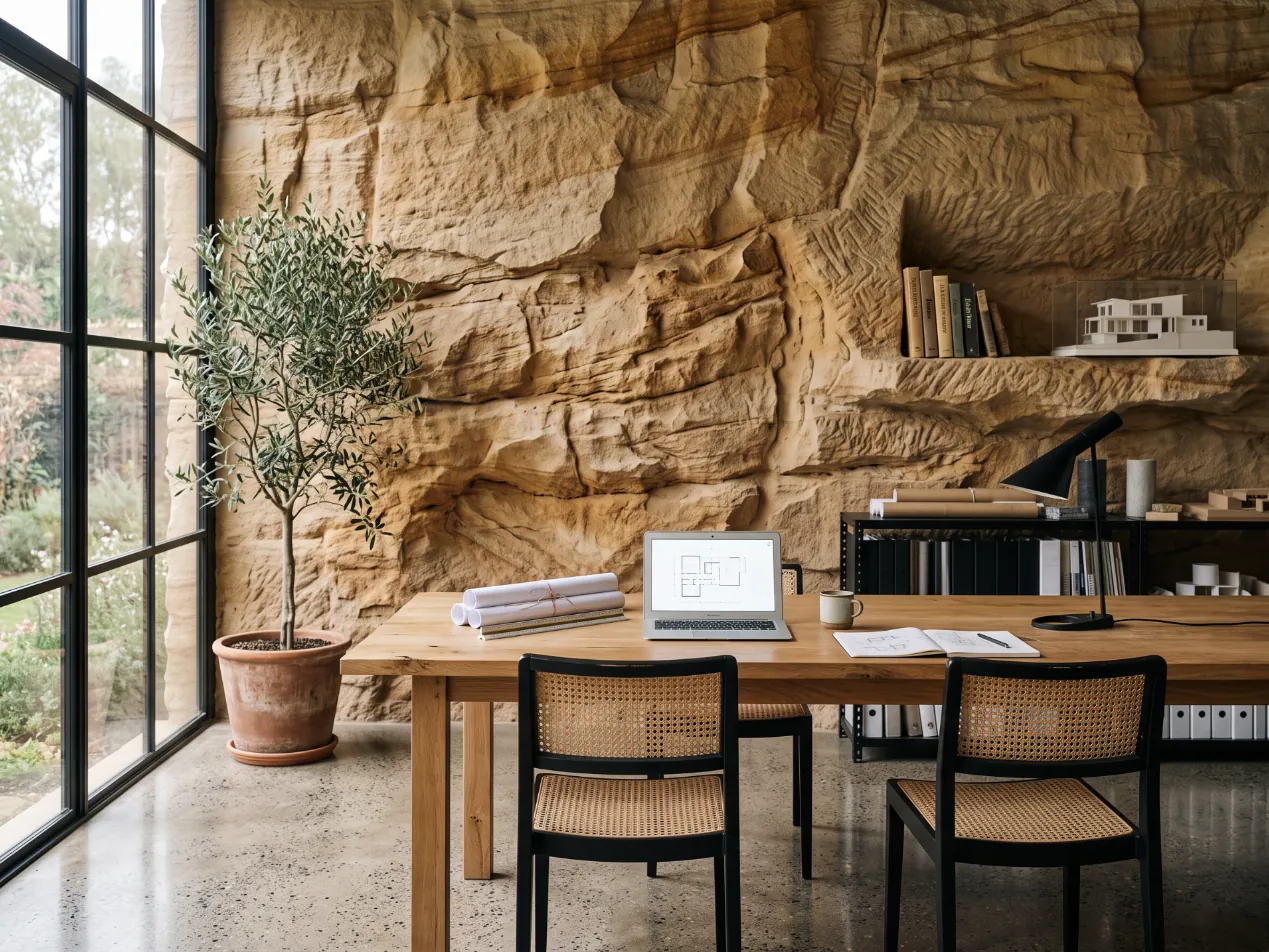 Estudio de arquitectura con mesa de trabajo frente a una pared de roca arenisca esculpida con estante integrado, imagen generada con IA