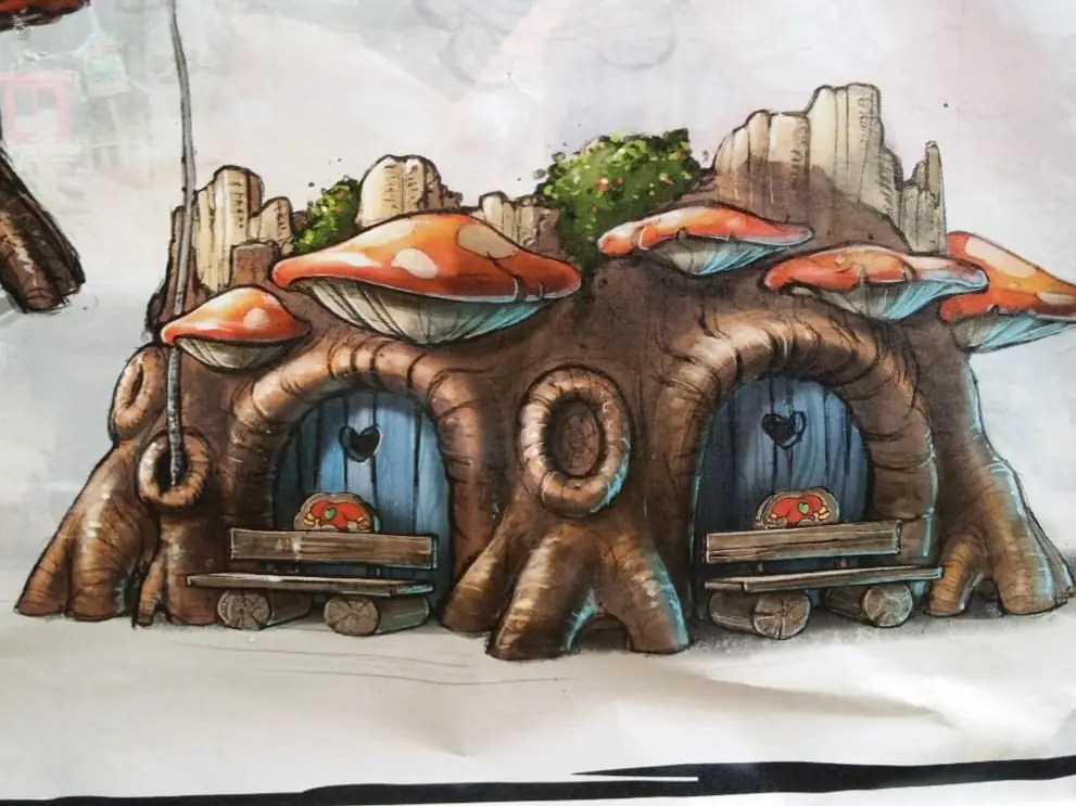 Referencia: Boceto de las casas-seta y las piezas terminadas con puertas azules